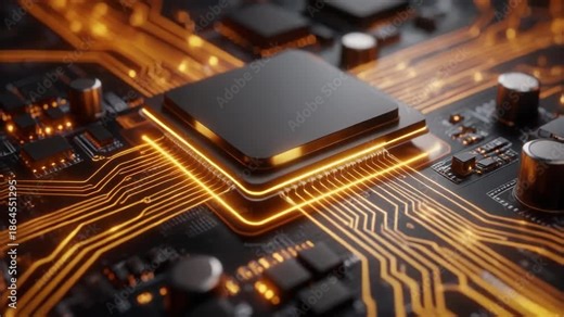 Futuristic computer processor unit with glowing orange data pathways on a high-tech circuit board, representing advanced digital innovation and powerful computing capabilities