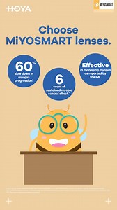 Did you know that single vision lenses aren’t enough to tackle myopia? That’s why you should choose MiYOSMART lenses that are proven to reduce myopia progression by up to 60%* based on a 2 year study** Learn more about them at bit.ly/HOYAVisionMiYOSMART *Lam CS, et al. DIMS spectacle lenses slow myopia progression: a 2 year randomized clinical trial. British Journal of Ophthalmol (2019). **Lam CS, et al. Myopia control in children wearing DIMS spectacle lens: 6 years results. Invest Ophthalmol S