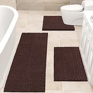 ACCUMTEK Upgrade Extra Large Brown Bathroom Rug Set 3 Pieces Ultra Soft, Thick Absorbent Bath Mats, Non Slip Chenille Toilet Mat for Bathroom, Bedroom, Kitchen, Dark Coffee