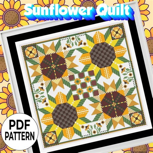 Sunflower Quilt Cross Stitch Pattern, Seamless Repeating Geometric Design, Beginner Friendly Farmhouse Embroidery - Etsy