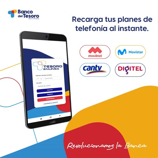 ¿Sin saldo? Mantente siempre conectado, recarga desde Tesoro Enlínea 💻📲 https://tesoroenlinea.bt.com.ve/lg | Banco del Tesoro Oficial