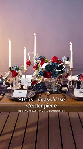 A classic vase, with a twist. This DIY Nautical Navy & Burgundy centerpiece will add passion, style and an intimate charm to your wedding celebration. Save this post as reception decor inspo! #lingsmoment #nauticalwedding #navywedding #burgundywedding #weddingdecor #centerpiece #diywedding #weddinginspo #wedding2024 #navyblue #burgundy #passion #romance | Ling's moment