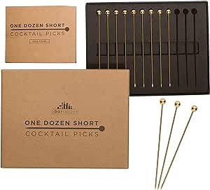 A Bar Above Cocktail Picks, 12 Short 4-Inch Stainless Steel Pick Set for Drinks and Appetizers, Reusable Cocktail Stirrers for Martinis, Shrimp Cocktail and More, Bar Accessories, Gold