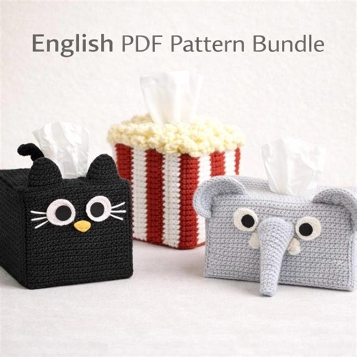 Crochet Tissue Box Cover Pattern Bundle | Cat, Elephant, Popcorn (PDF Download) - Etsy