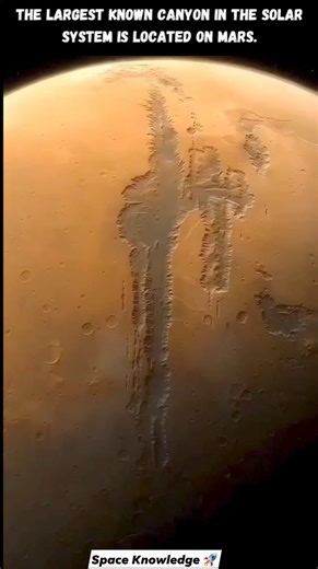 The largest known canyon in the solar system is located on Mars. Mariner Valley (Valles Marineris) was first imaged by the Mariner 9 probe, which was sent to Mars in 1971-72. Its length is 4000km, its width is 200km, and its depth is 7km. Credit by NASA / NASAJPL NASA / NASAJPL 📸📸 Tag a friend who needs to see this!:) . . . . #space #mars #curiosity #science NASA - National Aeronautics and Space Administration NASA Solar System Exploration NASA's Hubble Space Telescope SpaceX Times ISRO - Indi