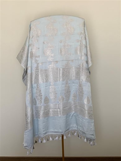 Banarasi Pure Mashru Silk Saree: Handwoven Silver Zari, Powder Blue Wedding Sari - Etsy