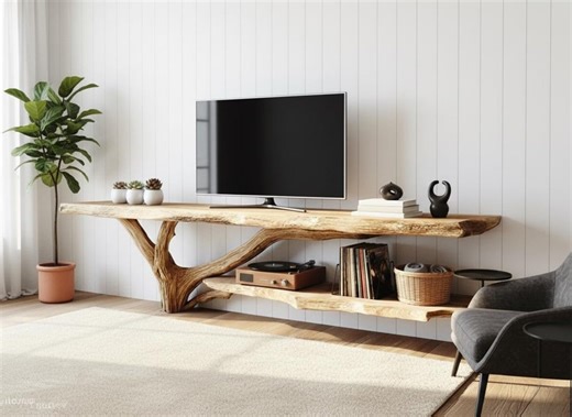 Unique Natural Wood-live Edge Wood TV Stand-rustic Live Edge Wood TV Stand, Handmade Solid Wood Media Console, Natural Tree Root Base Shelf - Etsy