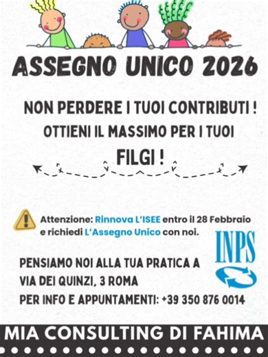 ⚠️ ATTENZIONE GENITORI! ⚠️ L'Assegno Unico 2026 è qui! 💰 Hai già aggiornato l'ISEE? Se aspetti Marzo, perdi i soldi! 😱 Vieni da noi: ✅ Pratica veloce ✅ Risultato sicuro ✅ Più tempo per la tua famiglia Contattaci subito! 📲 [ 393508760014] #AssegnoUnico #bonus #Soldi #famiglia #PerTe