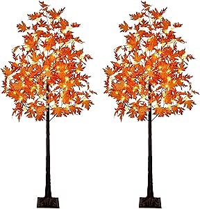 Set of 2 6FT 120LED Artificial Lighted Maple Tree Warm White Fall Decorations Indoor Ourdoor, Orange