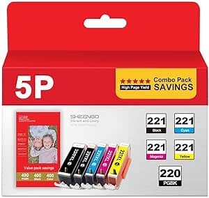 220 and 221 Ink Cartridges Replacement for Canon 221 220 Ink PGI220 PGI-220 CLI221 CLI-221 use with Pixma MP620 MP560 MX860 MX870 iP4600 Printer (1PGBK, 1 Black, 1 Cyan, 1 Magenta, 1 Yellow, 5 Pack)