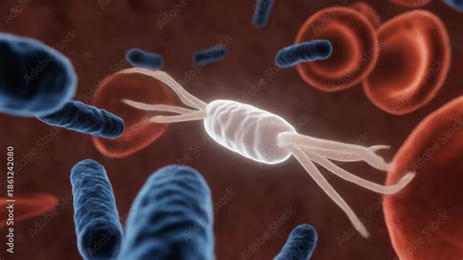 Microscopic view of white blood cell attacking bacteria with red blood cells in background
