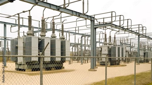 A substation operates, its transformers humming as they manage power, a critical part of the electricity grid and transmission infrastructure.