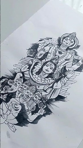 Brahma Vishnu Mahesh Pen and Ink Drawing How gardeners help us in every way