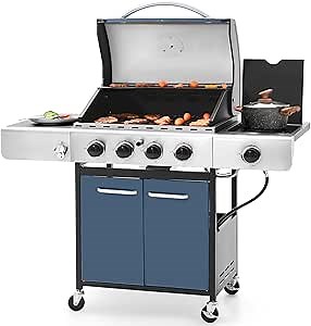 Sophia & William 4-Burner Gas BBQ Grill with Side Burner and Porcelain-Enameled Cast Iron Grates, 42,000BTU Propane Grills Outdoor Cooking Barbecue Cabinet Style, Blue