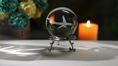 HDCRYSTALGIFTS 60mm 3D Lase Engraved Airplane Crystal Ball with Stand Glass Sphere Plane Paperweight Aviation Decor Pilot Gifts for Men Women