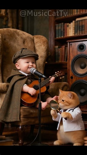 Baby Cosplay as Sherlock Holmes Singing 'I Love You Daddy' with Guitar and Cute Cat | Share to Daddy