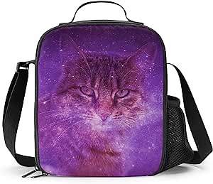 Galaxy Cat Lunch Box - Insulated Lunch Box for Kids with Side Pocket & Shoulder Strap Lunch Bag, Perfect for School/Camping/Hiking/Picnic/Beach/Travel