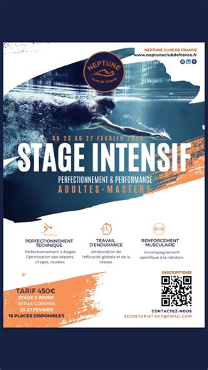 Neptune Club de France on Instagram: "Le Neptune Club de France propose **un stage intensif du 23 au 27 février 2026 inclus** qui vise l’excellence technique et la progression mesurable sur l’ensemble des composantes de la performance en natation. 🏊‍♂️🏊‍♂️Public concerné : nageurs Adultes Masters, triathlètes, nageurs eau libre. 🎯16 places disponibles Tarif public :450€ Tarif exclusif : 390€ pour les 6 premiers inscrits. Lien formulaire d’inscription en bio ‼️Informations : secrétariat.ncf@gm