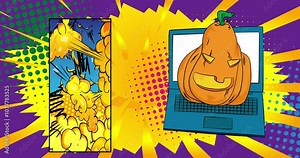 Cartoon Laptop, comic book Notebook with Halloween Jack O' Lantern Pumpkin. Retro cartoon comics pop art animation. Stock Video