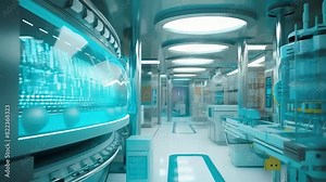 Futuristic laboratory with advanced equipment, digital interfaces, clean, sterile environment, highlighting innovation in science. Innovative production line for the creation of pills and medicines.