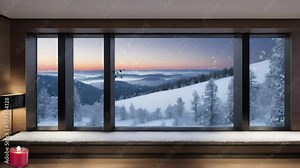Cozy winter scene seen through a frosty window, capturing the charm of the season.