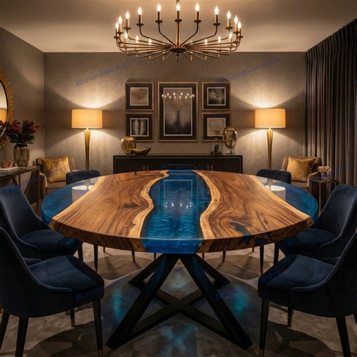 Metallic Blue Resin Round Dining Table – Solid Acacia Wood – Handmade Custom Furniture - Etsy