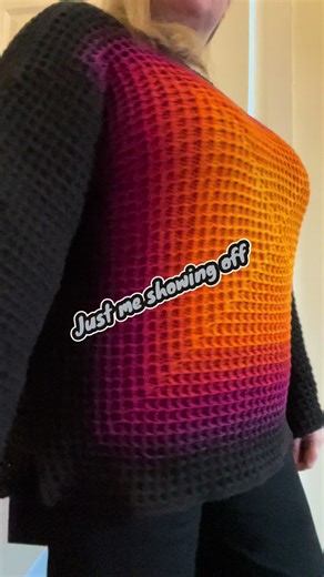 It’s done, what do you think? Yarn used is Dahlia Halloween by Hobbii and black cotton 8/4 for the sleeves. I didn’t follow a pattern, just made 2 big waffle squares and added tapered sleeves worked flat and seamed together. #crochetsweater #dahliahalloween #hobbiiyarn #wafflestitch #handmadeclothes