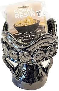 Copal Incense Burner Cup Glazed Clay with Decorative Crown, Traditional Copalera with 1.05 oz. Copal Resin & Woven Fan Handcrafted