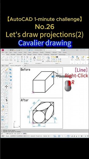【AutoCAD 1-Minute Challenge】Part26:Let's draw Projections2⃣ Cavalier Drawing (Oblique Projection)