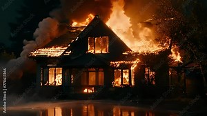 impressive close-up of a burning house, natural disaster, house fires