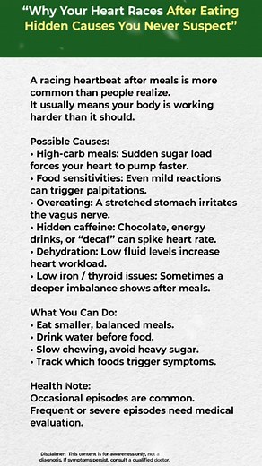 . . . “Why Your Heart Races After Eating Hidden Causes You Never Suspect” . . #HealthFacts #BodySignals #HeartHealth #Palpitations #AfterMealFacts #HealthAwareness #ListenToYourBody #WellnessTips #HiddenSymptoms #DailyHealthTips #MedicalMyths #HealthReels #ViralReels #HealthyHabits #KnowYourBody #fb #fblifestyletyle #facebookviral #fbreelsvideo #trendingreelsvideo | Senior Health Book | Facebook