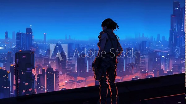 anime scene of android girl standing on the top of building watching neo cyberpunk city