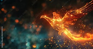 Digital phoenix rises from obsolete data ashes, symbolizing rebirth and insights of data mining. Data mining visualization