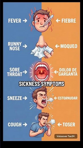Visual English: Symptoms 🤒 Fever, Runny Nose, Sore Throat, Sneeze, 🇺🇸🇪🇸 Learn English & Spanish