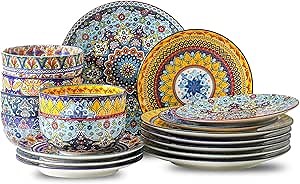 glowworm Dinnerware Sets for 6, 18 Pieces Plates and Bowls Set, Ceramic Dishes Set for 6, Oven, Microwave & Dishwasher Safe, Scratch Resistant, Bohemian