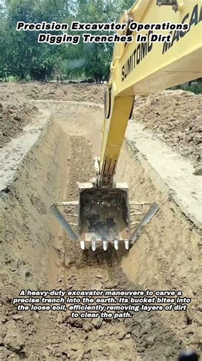 Precision Excavator Operations Digging Trenches In Dirt