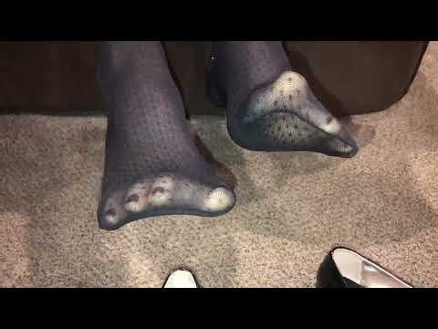 Polka dot trouser socks in Maddens. Shoe play. Feet.