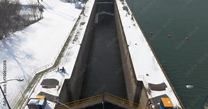 Winter aerial video of the Erie Canal Locks found in Seneca Falls, NY, between Seneca Lake and Cayuga Lake. Stock Video