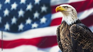 North American bald eagle with the waving USA flag at the background. Symbol of freedom