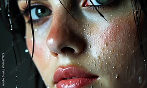 A close-up portrait of a person with glistening skin, emphasizing intense eyes and emotion.