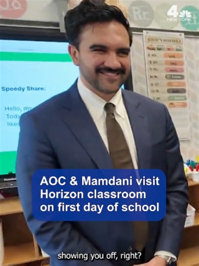 Mayor Mamdani and Rep. Alexandria Ocasio-Cortez visited a fifth-grade Horizon classroom in Queens on the first day of school Thursday. They spent time getting to know the students and went around the room to learn what languages they speak at home. Horizon is a specialized program through the NYC Public School system that supports learners with autism. #nyc #mamdani #aoc #school