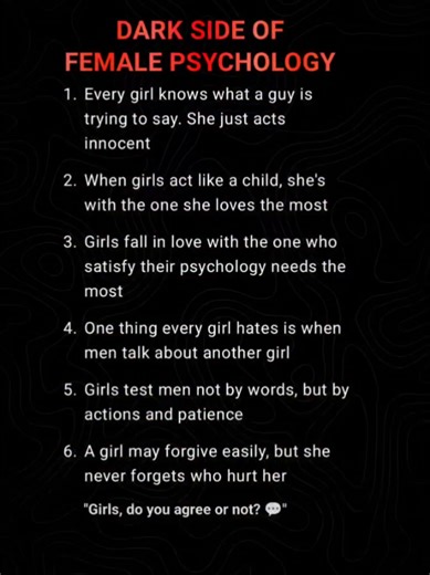 Dark side of female psychology . Female psychology Female psychology facts Interesting facts Female mindset Female mind Truth about women Women body language Female facts . . #femalepsychology #femalepsychologyfacts #womenbodylanguage #mindset #selfmastry Girls do you agree or not?