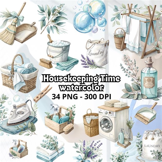 34 Watercolor Housekeeping Time Clipart Digital Download Eucalyptus Cleaning Essentials PNG House Cleaning Supplies Illustrations - Etsy