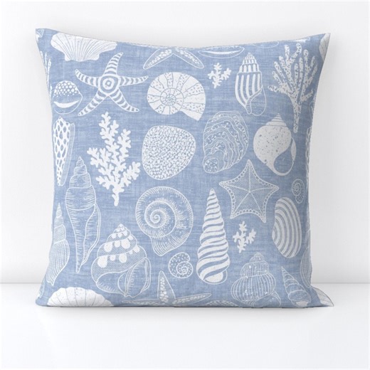 Nautical Seashell Throw Pillow - Coral Starfish Coastal Seaside Blue White Decorative Square Throw Pillow - Coastal Treasures by Kimsa - Etsy Canada