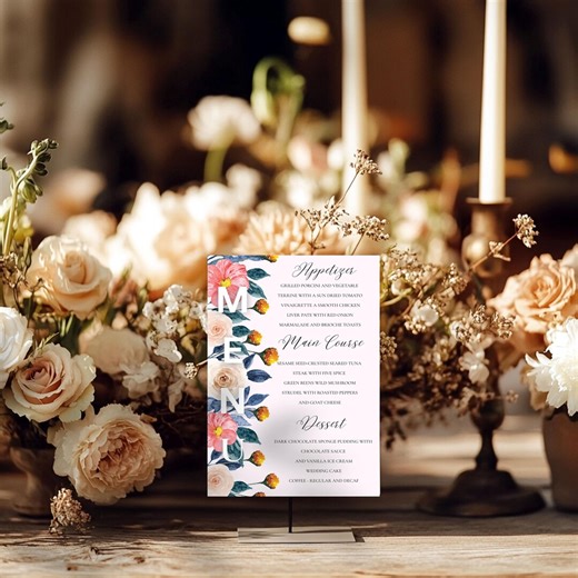 Watercolor Floral Wedding Menu Template, Pink Garden Botanical Reception Card (digital Download) - Etsy