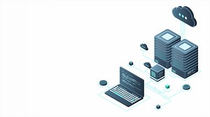Download Isometric computer technology animation. Computation of big data center. Cloud computing. Online devices upload and download information. 4K animated in isometric style for free