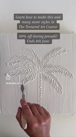 The process of the palm tree is quite meditative and I think I’m hooked! I’ll be showing several different styles of palm trees in my newest workshop: The Textured Art Course You could try to have a go after watching my reel, but if you’re wanting explicit instructions and special tips, then The Textured Art Course is for you! Presale is open now with 30% off! #textureart #texturelovers #artlover #makersgonnamake #makersmovement #handmade #artprocess #artreel #artoftheday #arttutorial