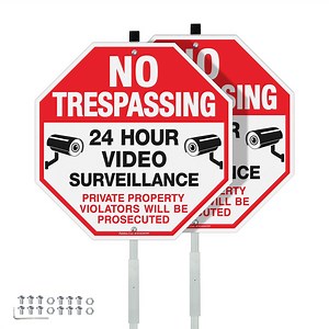 Faittoo No Trespassing Signs Private Property with 42" Stake for Outside, 2-Pack 10"x10" Video Surveillance Sign, Rust Free Reflective Aluminum