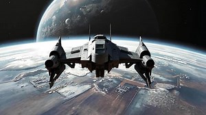 Download Animated A sleek spaceship descends into Earth's atmosphere, its destination a bustling cityscape with a vast spaceport, hinting at a future where interstellar travel will be commonplace. for free