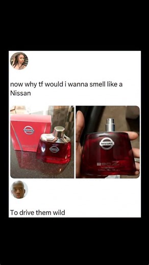 Johnny Bravo Explains Memes on Instagram: "Hey everyone, Johnny here to explin. This meme humorously plays on the absurdity of a Nissan-branded cologne, with the top part showing a woman questioning, “now why tf would I wanna smell like a Nissan,” highlighting the unusual and unexpected idea of a car brand creating a fragrance. The two images of the cologne bottle labeled “Nissan 350Z” — a model of a sports car — only add to the comedic disbelief, as perfumes are usually associated with elegance